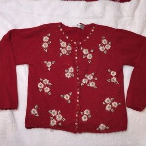 Vintage Private Party Red Flower Cardigan Ugly